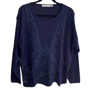 JACQUES VERT Navy Blue Iridescent Beads Fine Knit Sweater Embellished Fancy